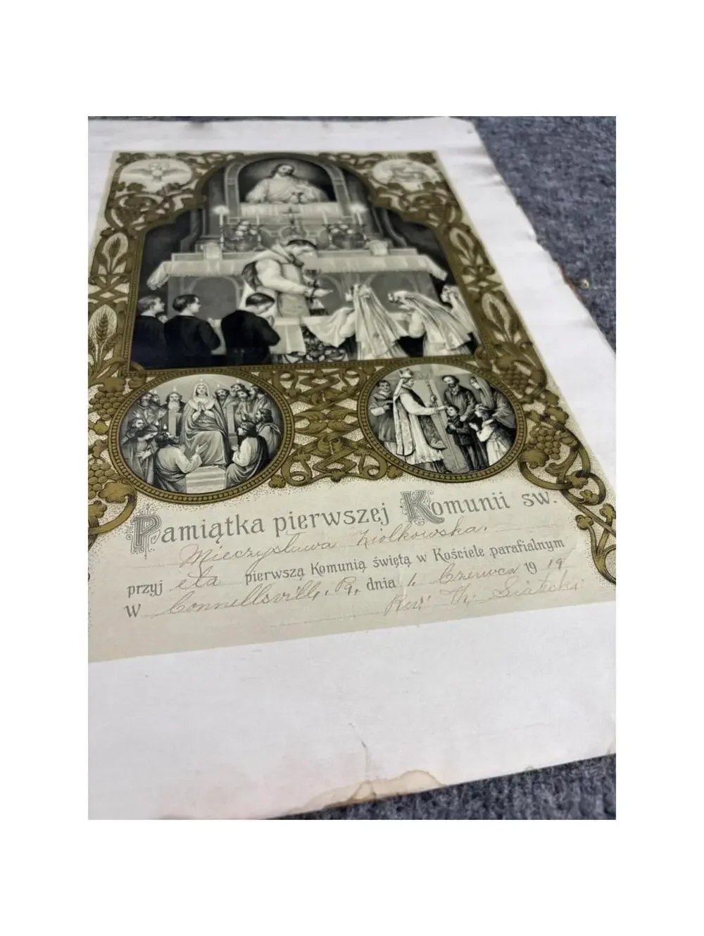 Religious Certificate 1919 Communion Keepsake Pamiątka Pierwszej Komunii Świętej